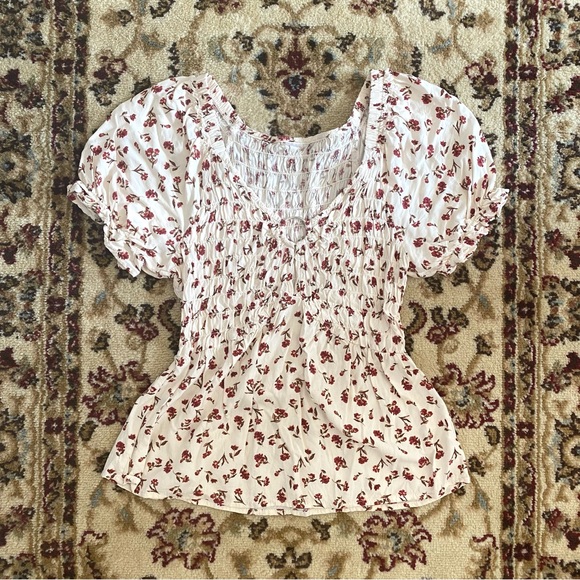 Vintage Ruched Babydoll Red Floral Blouse - Picture 1 of 3
